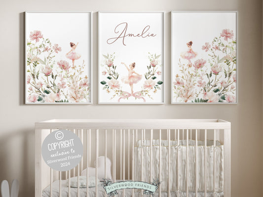 Custom Ballet Nursery Name Print Set of 3. These whimsical artworks are an ideal addition to ballet nursery decor, creating a dreamy ambiance or making for a distinctive baby girls baby shower gift that captivates the magic of twirls and tiptoes.