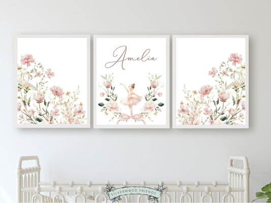 Baby Girls Ballet Nursery Prints, Ballerina Wildflower Nursery Decor, Pink Ballet Nursery Wall Art, Floral Wildflower Nursery Digital Print