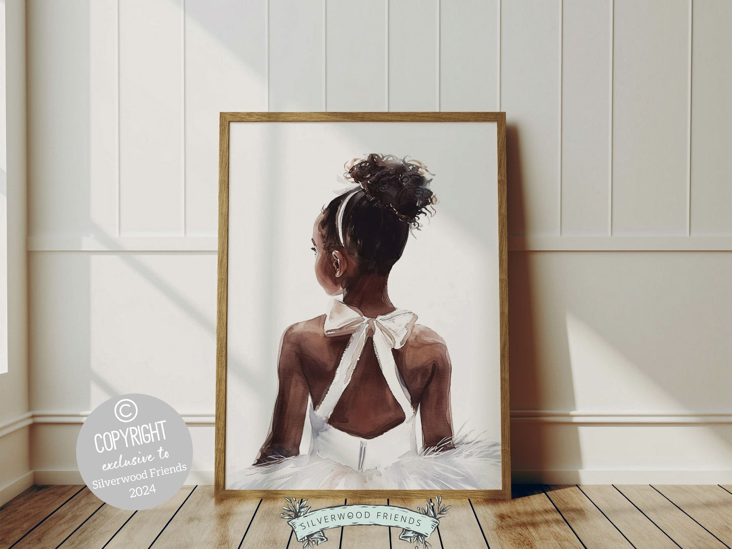 Black Ballerina Nursery Print, featuring an adorable black ballerina. Perfect for a ballet themed nursery or dance inspired room, this elegant print inspires imagination and fosters a love for ballet.