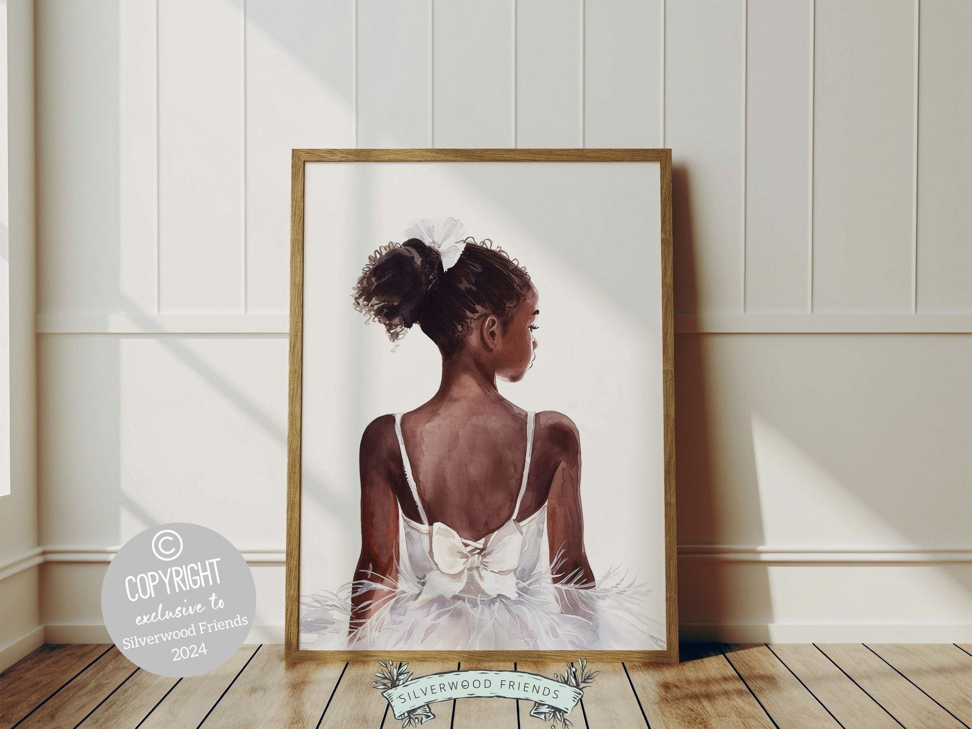 Black Ballerina Nursery Print, featuring an adorable black ballerina. Perfect for a ballet themed nursery or dance inspired room, this elegant print inspires imagination and fosters a love for ballet.