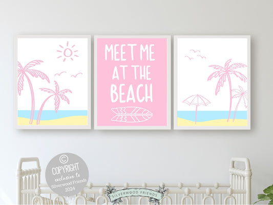 Pink Coastal Wall Art, Surfboard Palm Tree Print, Beachy Dorm Room Decor, Girly Beach House Wall Decor Meet Me At The Beach Digital Print