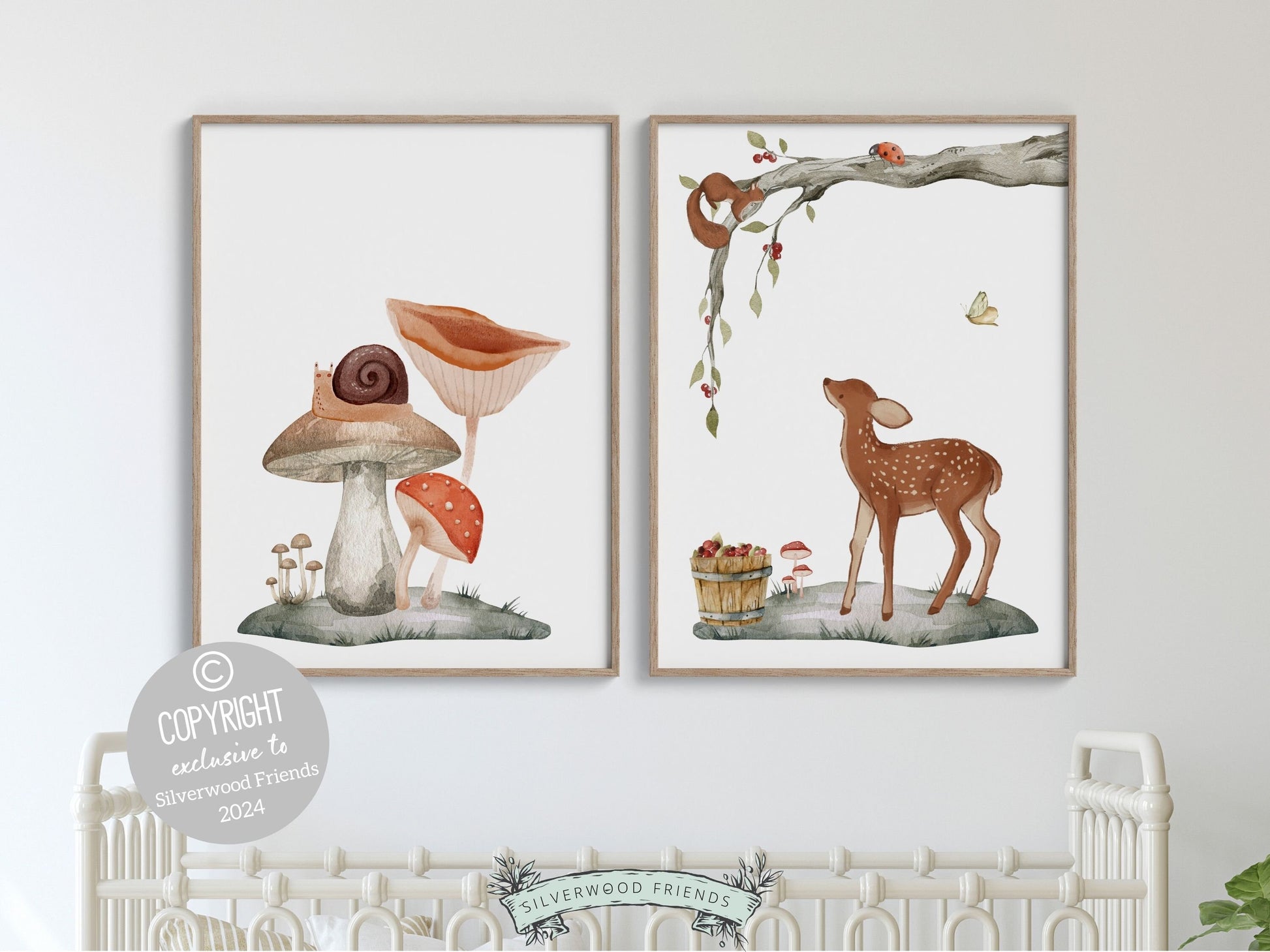 Set of 2 Woodland Nursery Prints, featuring an adorable woodland deer and delightful mushroom. Perfect for creating a whimsical atmosphere in your woodland nursery decor or as a heartwarming gender neutral baby shower gift.