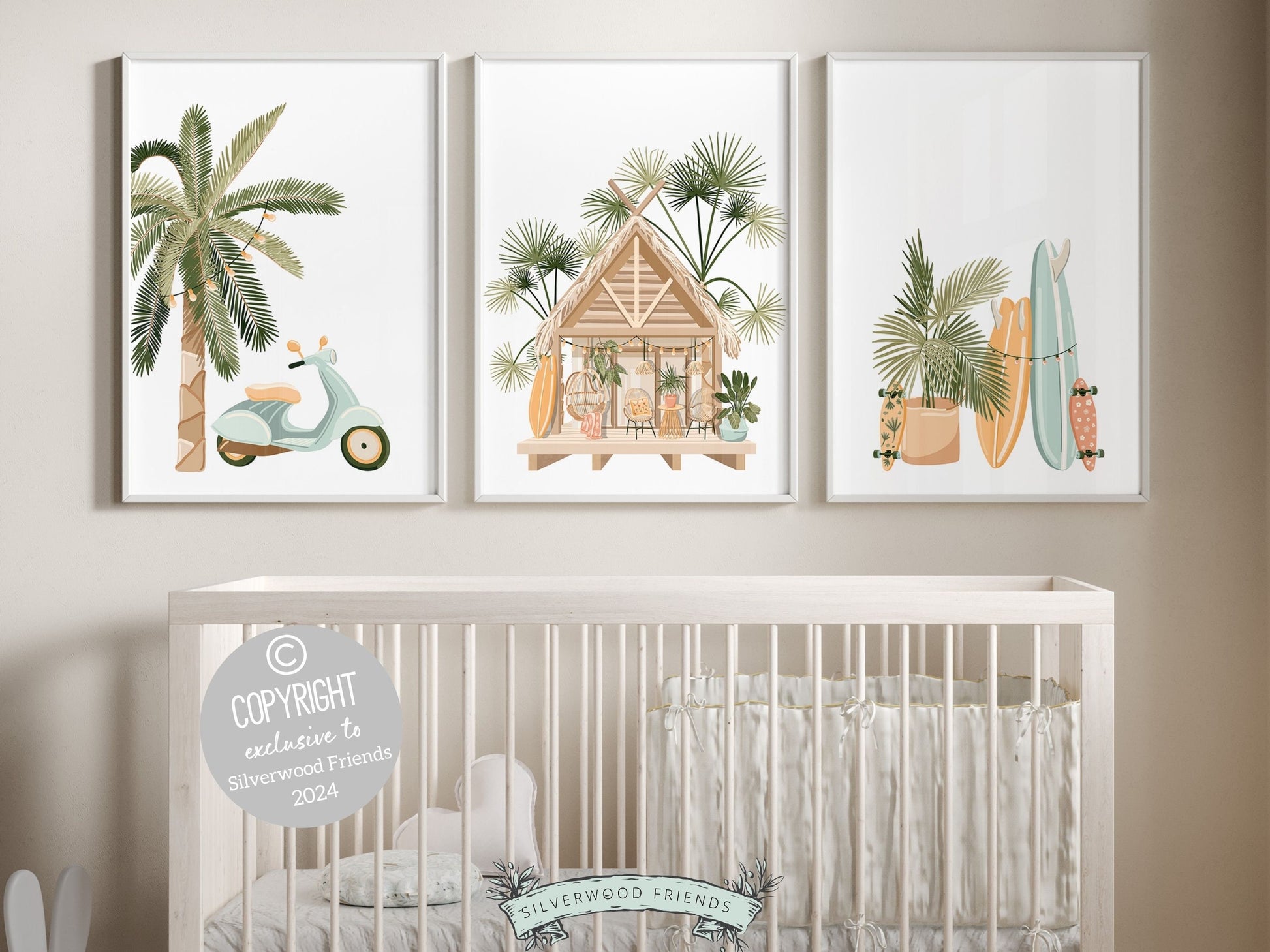 Set of 3 Surfboard Palm Tree Prints. Ideal for your beach house decor or surfing room wall decor, our digital prints also make a unique baby shower gift, adding a serene coastal touch to any space.