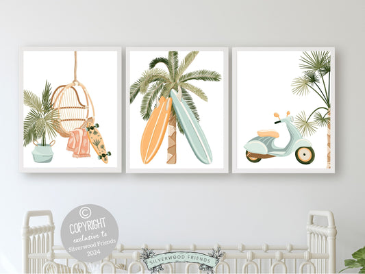 Surfboard Palm Tree Print, Baby Boy Surfing Nursery Wall Art, Boy Room Coastal Wall Decor, Beach House Surfing Room Wall Decor Digital Print