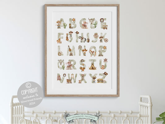 Cowboy Alphabet Nursery Print, showcasing watercolor cowboy essentials in soft brown hues. This charming artwork seamlessly blends rustic appeal into your cowboy themed decor, ideal for your little ones space or as a heartfelt baby shower.