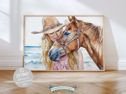 Embrace the timeless bond between cowgirl and horse with our enchanting watercolor print, capturing the spirit of adventure and freedom. Perfect for trendy western or coastal cowgirl decor, this digital print makes a unique housewarming gift.