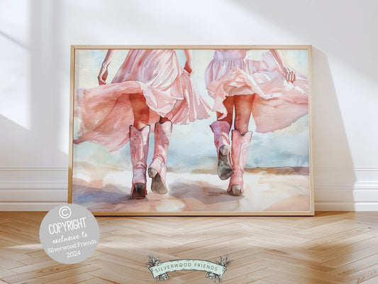 Celebrate the unbreakable bond between best friends with our enchanting watercolor print, featuring two cowgirls walking along a beach. Perfect for trendy western or coastal cowgirl decor and makes a unique housewarming gift.