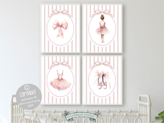 Set of 4 Ballet Prints featuring watercolor ballerina with ballet slippers, dress and bow, are an ideal addition to your ballet nursery decor, or making for a distinctive baby girls baby shower gift that captivates the magic of twirls and tiptoes.