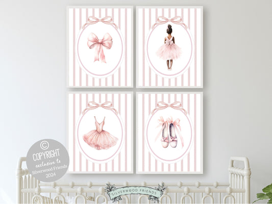 Set of 4 Ballet Prints featuring watercolor ballerina with ballet slippers, dress and bow, are an ideal addition to your ballet nursery decor, creating a dreamy ambiance or making for a distinctive baby girls baby shower gift