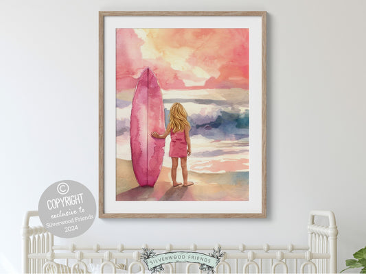 Girls Surf Nursery Print, Beachy Surfboard Wall Art, Girl Ocean Sunset Nursery Wall Art, Girly Beach House Surfing Room Decor Digital Print