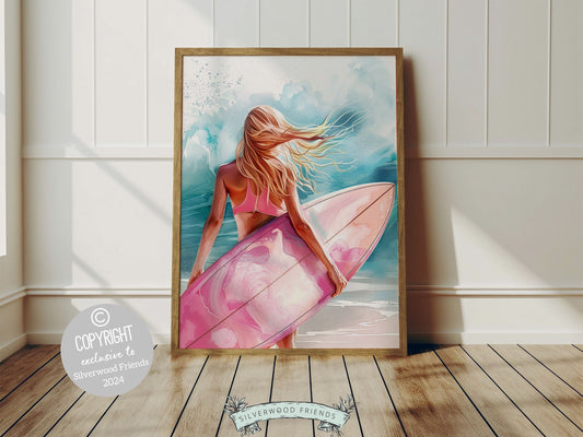 Pink Surfboard Print, showcasing a watercolor illustration of a girl with her pink surfboard heading towards the waves, ideal for beach house or surfing room wall decor. This vibrant print makes a perfect beachy dorm room or housewarming gift.