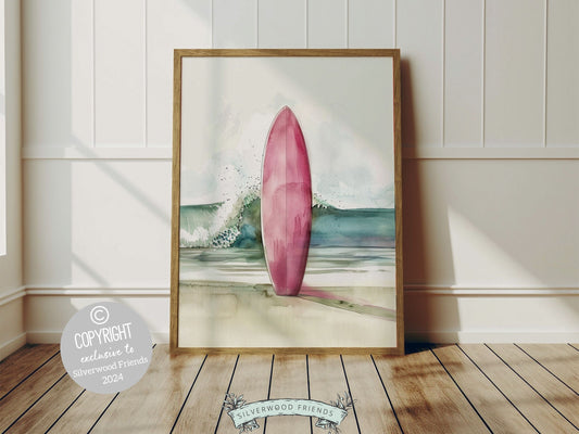 Pink Surfboard Print featuring watercolor pink surfboard and crashing wave, ideal for your beach house or girls surfing room wall decor. Our digital print makes a unique beachy housewarming gift, adding a serene coastal touch to any space.