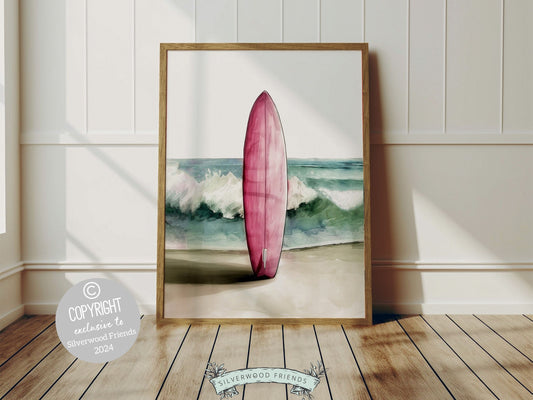 Pink Surfboard Print featuring watercolor pink surfboard and crashing wave, ideal for your beach house or girls surfing room wall decor. Our digital print also makes a unique beachy housewarming gift, adding a serene coastal touch to any space