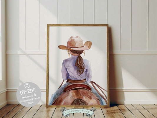 Watercolor print depicting a cowgirl riding her horse. Our charming digital print effortlessly enhances your cowgirl themed decor, perfect for your little ones space or as a heartfelt baby shower gift for horse riding enthusiasts.