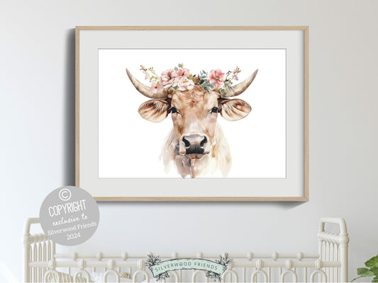 Highland Cow Print, Highland Cow Nursery Decor, Highland Cow Gift Kids Farm Bedroom Wall Decor, Floral Highland Cow Nursery Digital Print