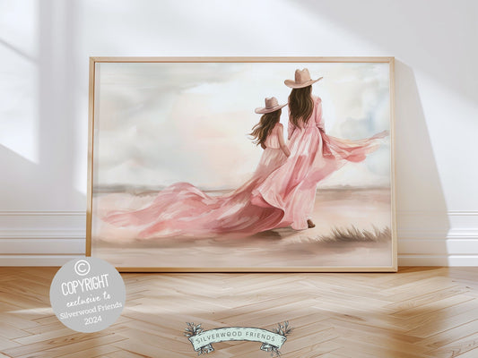 Watercolor cowgirl print featuring cowgirl mother and daughter standing on a beach. Perfect for any room in your home, this charming digital print also makes a heartfelt baby shower gift and mothers day gift.