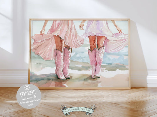 Coastal Cowgirl Print, Trendy Pink Cowgirl Boots Wall Art, Girly Western Wall Decor, Preppy Cowgirl Boots Room Decor Ocean Digital Prints