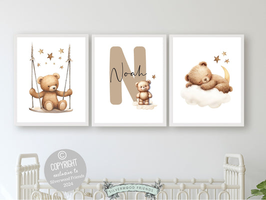 Teddy Bear Nursery Prints, Boy Beige Bear Nursery Decor, New Baby Boy Gift, Teddy Bear Baby Name Sign Neutral Nursery Wall Art Digital Print