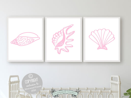 Pink Seashell Prints, Coastal Beachy Wall Art, Ocean Nursery Print, Baby Girl Nursery Wall Art, Beach House Girls Room Decor Digital Prints