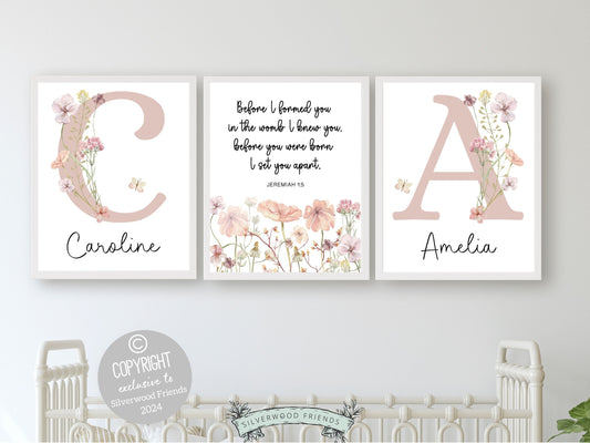 Christian Wildflower Nursery Prints, Baby Girl Name Floral Nursery Wall Art, Jeremiah Bible Verse Nursery Digital Print, Before I formed you