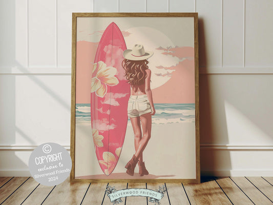 Girl Surfer Pink Surfboard Print, showcasing an illustration of a girl with her pink surfboard heading towards the waves, ideal for beach house or surfing room wall decor. Perfect housewarming gift, adding a colorful coastal touch to any space.