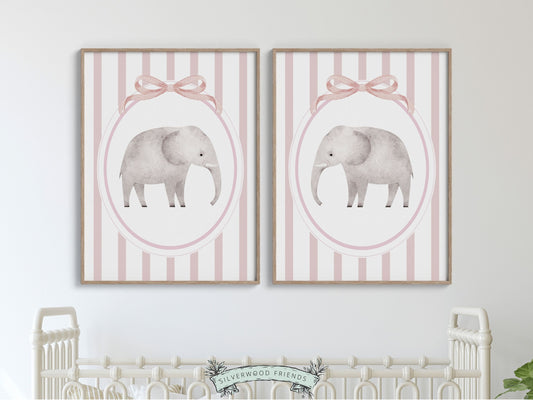 Elephant Nursery Print Set of 2, Pink Nursery Wall Art, Baby Girl Safari Nursery Decor, Baby Girl Pink Jungle Animal Nursery Digital Print