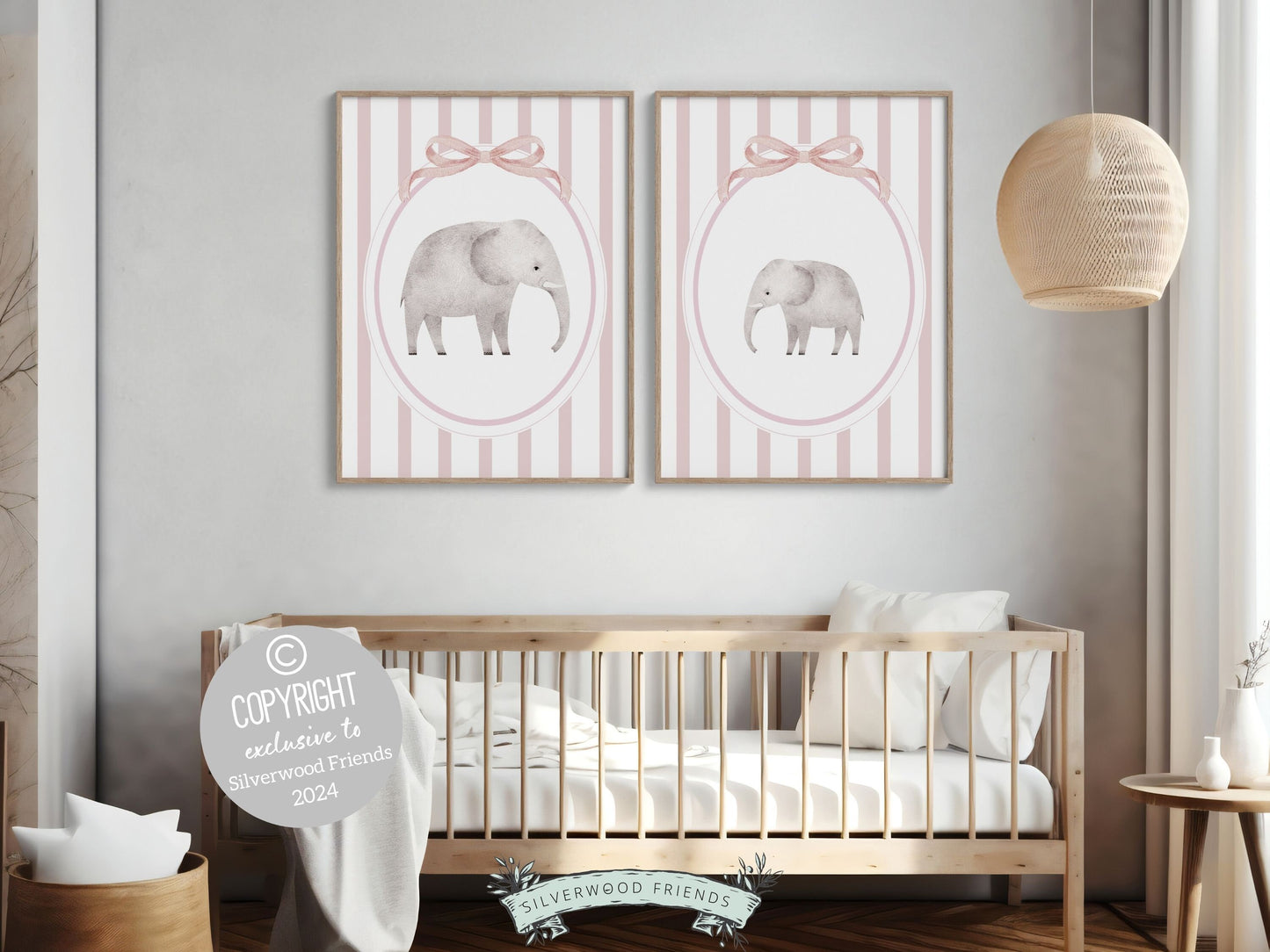 Elephant Nursery Print Set of 2, Pink Nursery Wall Art, Baby Girl Safari Nursery Decor, Baby Girl Pink Jungle Animal Nursery Digital Print