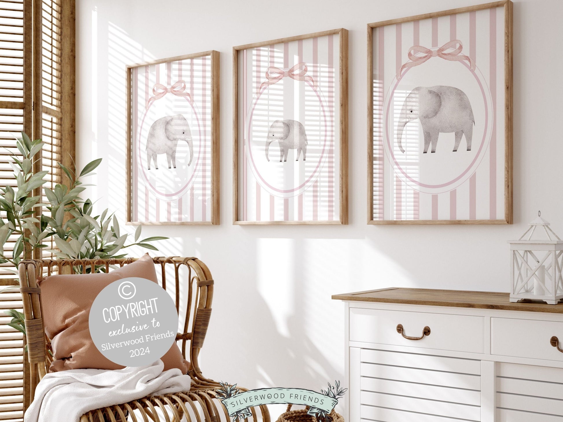 Elephant Nursery Print Set of 3, Pink Nursery Wall Art, Baby Girl Safari Nursery Decor, Baby Girl Pink Jungle Animal Nursery Digital Print