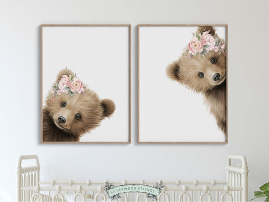 Peeking Bear Nursery Print, Floral Bear Nursery Decor, Baby Girl Wildflower Woodland Nursery Decor, Baby Bear Nursery Wall Art Digital Print