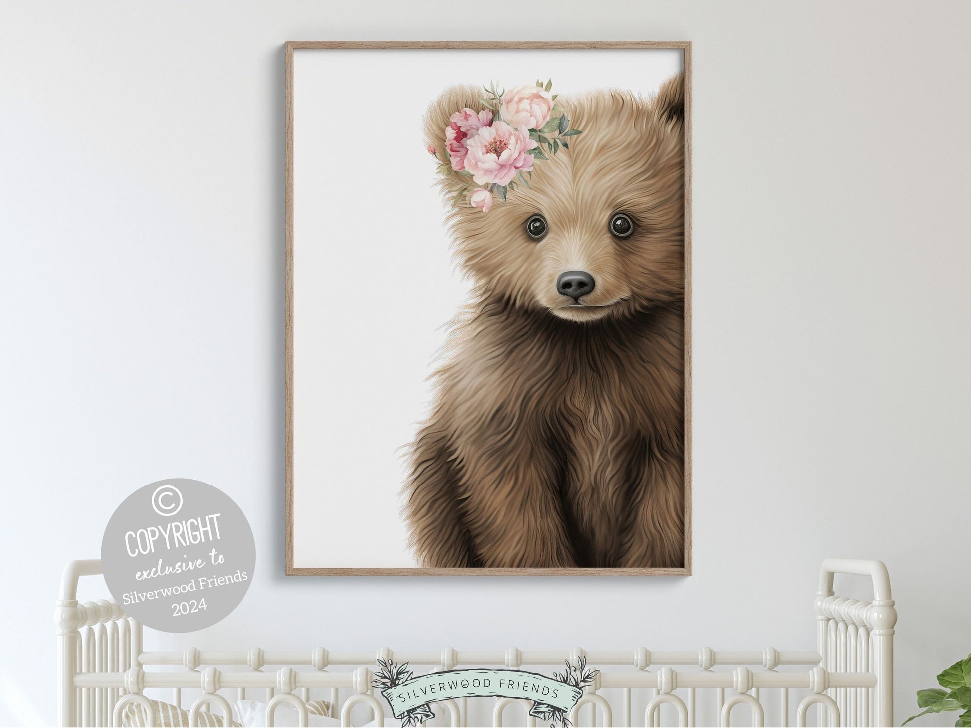 Our delightful minimalist Peeking Bear Nursery Print features an adorable peeking brown bear with floral crown. It&#39;s perfect for your baby girls bear nursery decor or woodland nursery decor and also makes a unique baby shower gift.