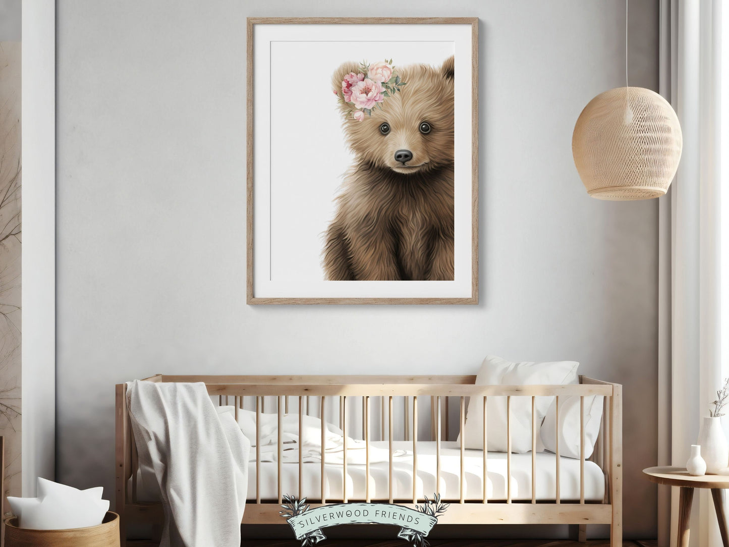 Peeking Bear Nursery Print, Floral Bear Nursery Decor, Baby Girl Wildflower Woodland Nursery Decor, Baby Bear Nursery Wall Art Digital Print