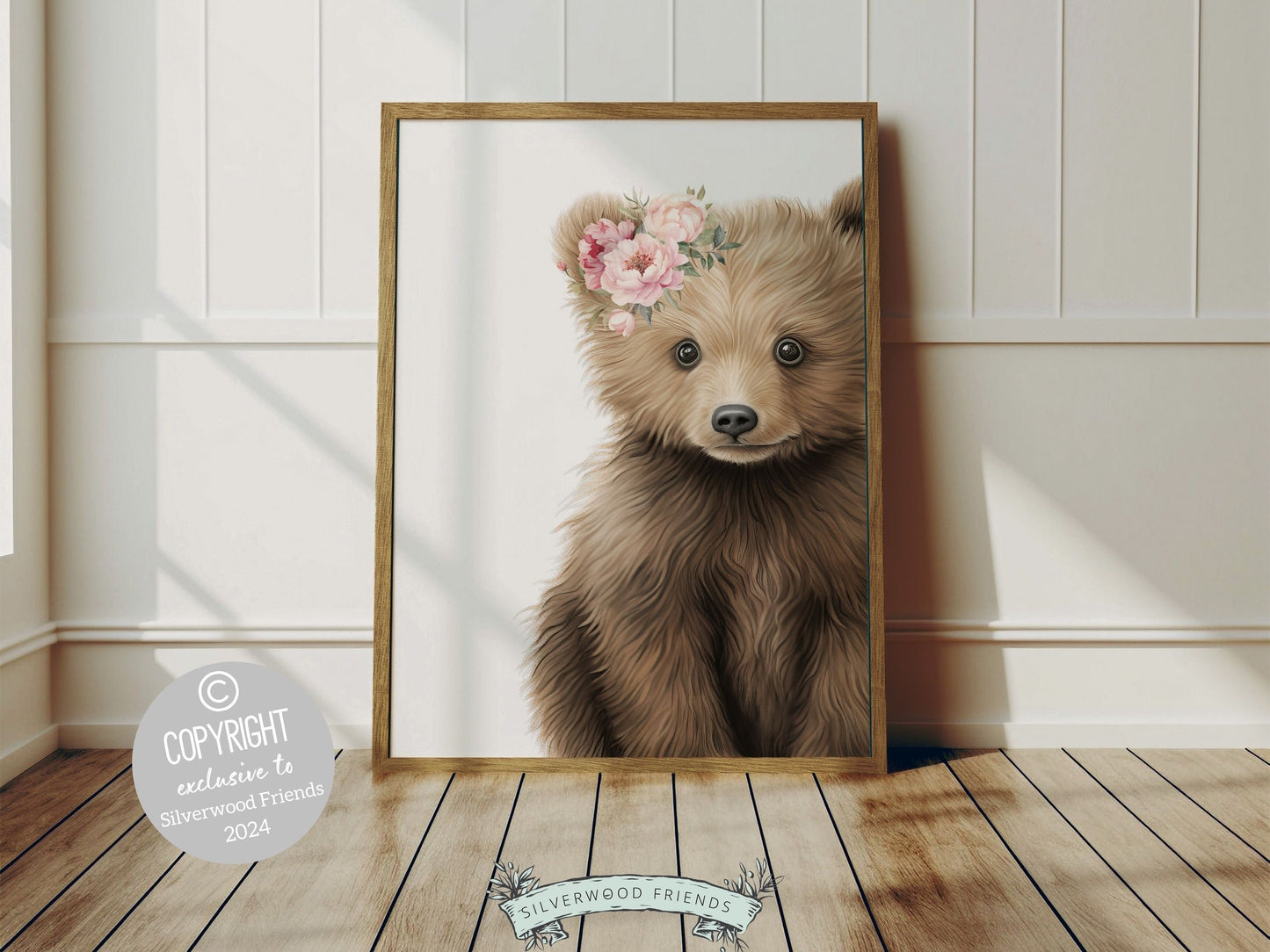 Peeking Bear Nursery Print, Floral Bear Nursery Decor, Baby Girl Wildflower Woodland Nursery Decor, Baby Bear Nursery Wall Art Digital Print