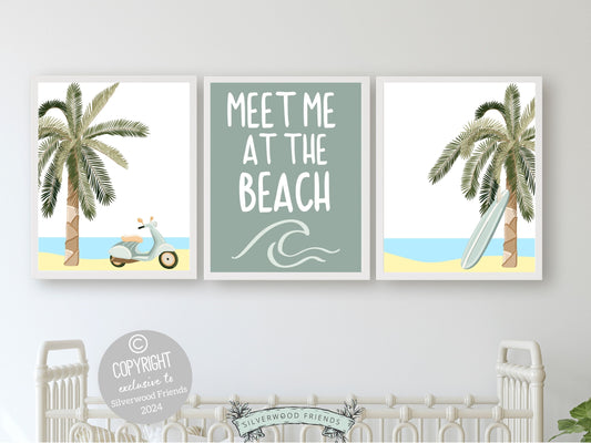 Coastal Wall Art, Surfboard Palm Tree Print, Beachy Dorm Room Decor, Trendy Teen Beach House Wall Decor, Meet Me At The Beach Digital Print