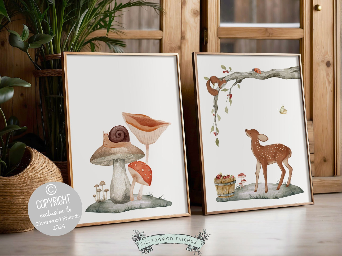 Set of 2 Woodland Nursery Prints, featuring an adorable woodland deer and delightful mushrooms. Perfect for creating a whimsical atmosphere in your woodland nursery decor or as a heartwarming gender neutral baby shower gift.