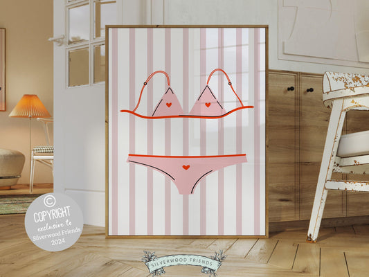 Pink Bikini Print, featuring a cute pink bikini and adorable pink and white stripes. This trendy poster is perfect for a dorm room or as a fun gift for best friends or girlfriends who embrace the beachy coconut girl aesthetic.