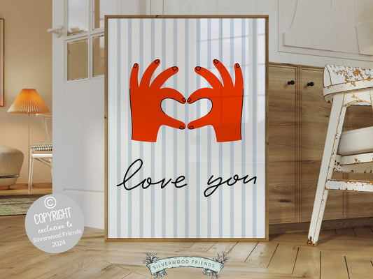 Our Love You Hand Sign Print is perfect for a dorm room or as a fun gift for best friends or girlfriends who embrace the minimalist preppy girl aesthetic. This chic and stylish artwork adds a touch of love to any space.