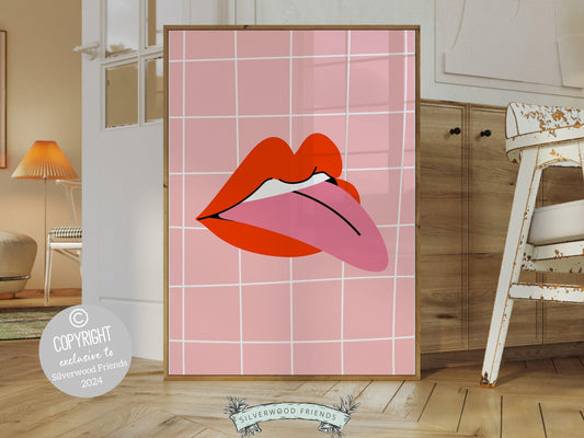 Our Red Lipstick Lips Print, featuring a cute red lips and pink and white stripes is perfect for a dorm room or as a fun gift for best friends or girlfriends who embrace the preppy girl aesthetic.