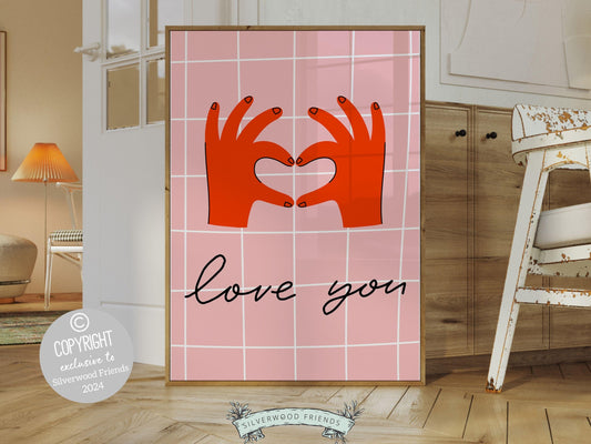 Our Love You Hand Sign Print is perfect for a dorm room or as a fun gift for best friends or girlfriends who embrace the minimalist preppy girl aesthetic. This chic and stylish artwork adds a touch of love to any space.