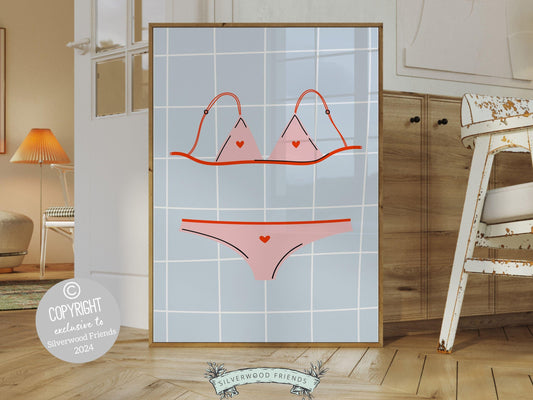 Pink Bikini Print, featuring a cute pink bikini and adorable blue and white stripes. This trendy poster is perfect for a dorm room or as a fun gift for best friends or girlfriends who embrace the beachy coconut girl aesthetic