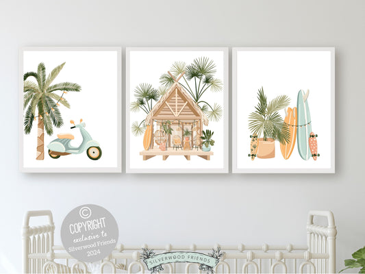 Surfboard Palm Tree Print, Baby Boy Surfing Nursery Wall Art, Boy Room Coastal Wall Decor, Beach House Surfing Room Wall Decor Digital Print