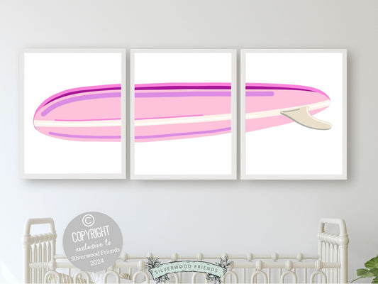 Pink Surfboard Nursery Print, Baby Girl Beachy Nursery Wall Art, Girl Coastal Room Decor, Girly Beach House Surfing Room Decor Digital Print