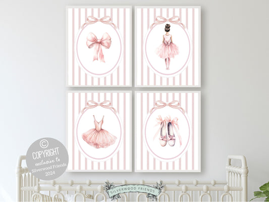 Set of 4 Ballet Prints featuring watercolor ballerina with ballet slippers, dress and bow, are an ideal addition to your ballet nursery decor, creating a dreamy ambiance or making for a distinctive baby girls baby shower gift