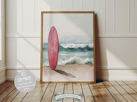 Pink Surfboard Print featuring watercolor pink surfboard and crashing wave, ideal for your beach house or girls surfing room wall decor. Our digital print also makes a unique beachy housewarming gift, adding a serene coastal touch to any space.