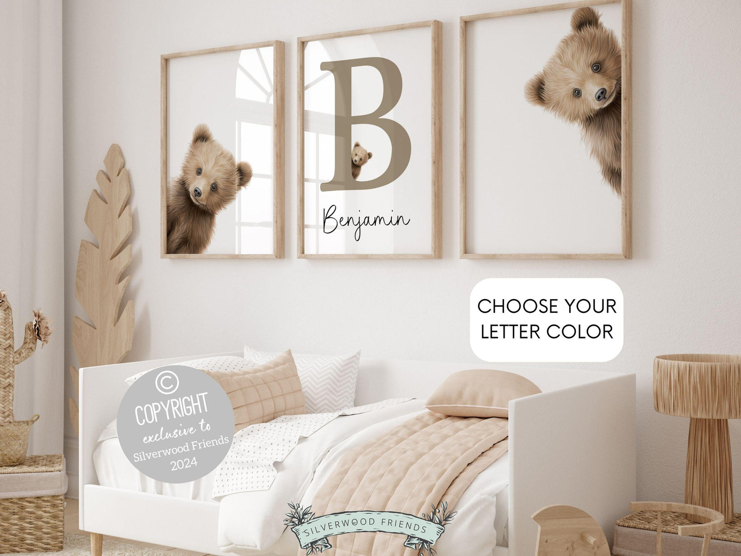 Our delightful minimalist Set of 3 Peeking Bear Custom Name Nursery Prints features adorable peeking brown bears with a custom letter and name in your choice of color.