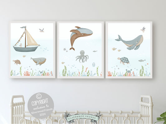 Set of 3 Whale Nursery Prints, Nautical Ocean Nursery Decor, Baby Boy Boat Nursery Wall Art, Kids Room Under The Sea Nursery Digital Print