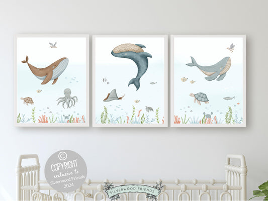 Set of 3 Whale Nursery Prints, Nautical Ocean Nursery Decor, Baby Boy Boat Nursery Wall Art, Kids Room Under The Sea Nursery Digital Print