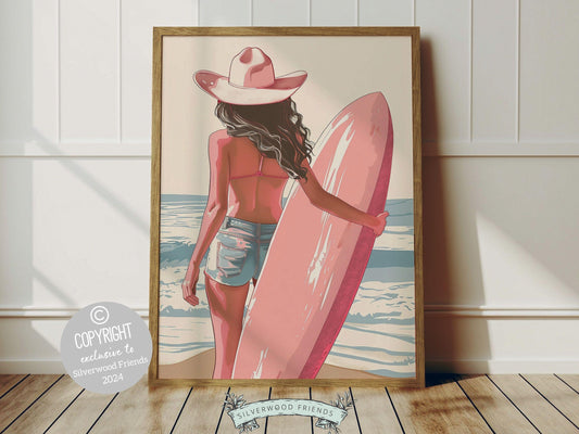 Girl Surfer Pink Surfboard Print, showcasing an illustration of a girl with her pink surfboard heading towards the waves, ideal for beach house or surfing room wall decor. Perfect housewarming gift, adding a colorful coastal touch to any space.