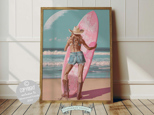 Girl Surfer Pink Surfboard Print, showcasing an illustration of a cowgirl with her pink surfboard heading towards the waves. This vibrant print makes a perfect beachy dorm room or housewarming gift, adding a colorful coastal touch to any space.