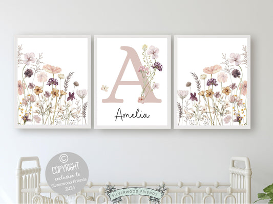 Wildflower Nursery Prints, Floral Nursery Wall Art, Pink and Purple Wildflower Nursery Decor,Baby Girl Boho Wildflower Nursery Digital Print