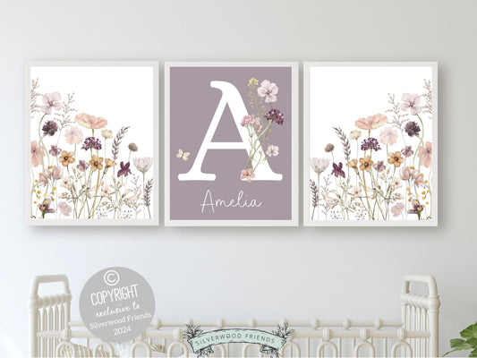 Wildflower Nursery Prints, Floral Nursery Wall Art, Purple Pink Sage Green Wildflower Nursery Decor, Girl's Wildflower Nursery Digital Print